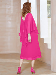 Robe Fourreau en Mousseline à Col en v Longueur de Mollet Fuchsia Grande Taille