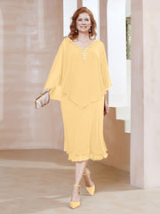 Robe Fourreau en Mousseline à Col en v Longueur de Mollet Or Grande Taille
