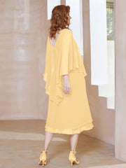 Robe Fourreau en Mousseline à Col en V Longueur de Mollet Or