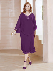 Robe Fourreau en Mousseline à Col en V Longueur de Mollet Raisin
