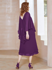 Robe Fourreau en Mousseline à Col en v Longueur de Mollet Raisin Grande Taille