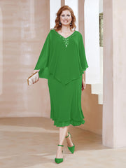 Robe Fourreau en Mousseline à Col en V Longueur de Mollet Vert