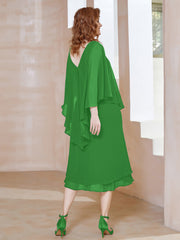Robe Fourreau en Mousseline à Col en v Longueur de Mollet Vert Grande Taille