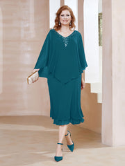Robe Fourreau en Mousseline à Col en V Longueur de Mollet Bleu Encre