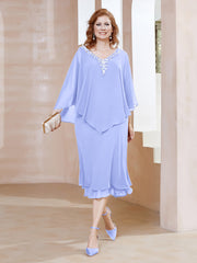 Robe Fourreau en Mousseline à Col en v Longueur de Mollet Lavande Grande Taille