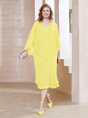 Robe Fourreau en Mousseline à Col en v Longueur de Mollet Citron Grande Taille