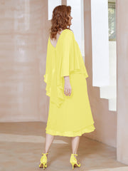 Robe Fourreau en Mousseline à Col en v Longueur de Mollet Citron Grande Taille
