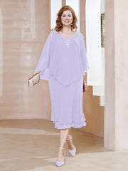 Robe Fourreau en Mousseline à Col en v Longueur de Mollet Lilas Grande Taille