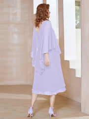 Robe Fourreau en Mousseline à Col en v Longueur de Mollet Lilas Grande Taille
