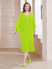 Robe Fourreau en Mousseline à Col en v Longueur de Mollet Vert Citron Grande Taille