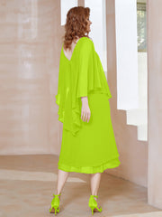 Robe Fourreau en Mousseline à Col en V Longueur de Mollet Vert Citron