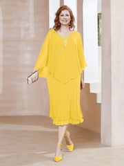 Robe Fourreau en Mousseline à Col en v Longueur de Mollet Souci Grande Taille