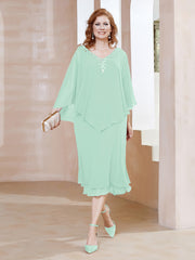Robe Fourreau en Mousseline à Col en V Longueur de Mollet Vert Menthe