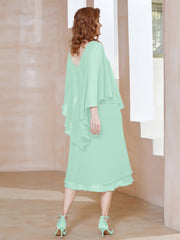 Robe Fourreau en Mousseline à Col en V Longueur de Mollet Vert Menthe