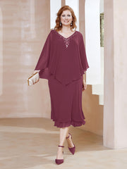 Robe Fourreau en Mousseline à Col en v Longueur de Mollet Mûre Grande Taille
