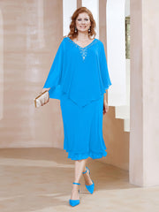 Robe Fourreau en Mousseline à Col en v Longueur de Mollet Bleu Océan Grande Taille