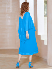 Robe Fourreau en Mousseline à Col en v Longueur de Mollet Bleu Océan Grande Taille