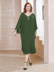 Robe Fourreau en Mousseline à Col en v Longueur de Mollet Olive Verte Grande Taille