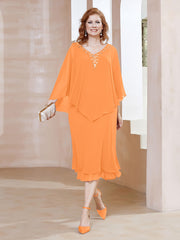 Robe Fourreau en Mousseline à Col en v Longueur de Mollet Orange Grande Taille