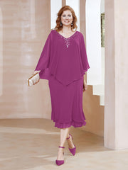Robe Fourreau en Mousseline à Col en v Longueur de Mollet Orchidee Grande Taille