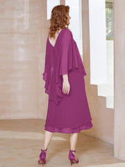 Robe Fourreau en Mousseline à Col en V Longueur de Mollet Orchidee