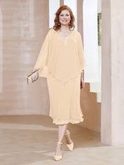 Robe Fourreau en Mousseline à Col en v Longueur de Mollet Pêche Grande Taille