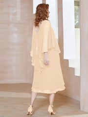 Robe Fourreau en Mousseline à Col en v Longueur de Mollet Pêche Grande Taille