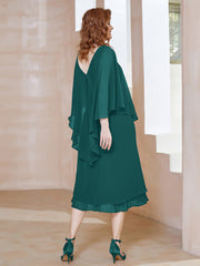 Robe Fourreau en Mousseline à Col en V Longueur de Mollet Paon