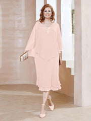 Robe Fourreau en Mousseline à Col en v Longueur de Mollet Rose Perle Grande Taille