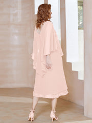Robe Fourreau en Mousseline à Col en v Longueur de Mollet Rose Perle Grande Taille