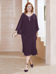 Robe Fourreau en Mousseline à Col en v Longueur de Mollet Plum Grande Taille