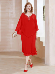 Robe Fourreau en Mousseline à Col en V Longueur de Mollet Rouge