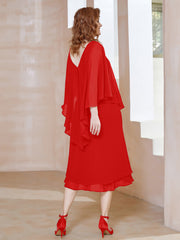 Robe Fourreau en Mousseline à Col en V Longueur de Mollet Rouge