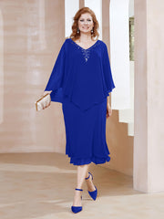 Robe Fourreau en Mousseline à Col en v Longueur de Mollet Bleu Royale Grande Taille