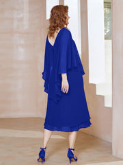 Robe Fourreau en Mousseline à Col en v Longueur de Mollet Bleu Royale Grande Taille