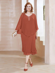 Robe Fourreau en Mousseline à Col en V Longueur de Mollet Rouille