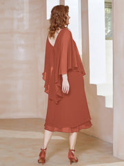Robe Fourreau en Mousseline à Col en V Longueur de Mollet Rouille