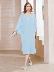 Robe Fourreau en Mousseline à Col en v Longueur de Mollet Bleu Ciel Grande Taille