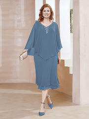 Robe Fourreau en Mousseline à Col en V Longueur de Mollet Bleu de Schiste