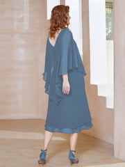 Robe Fourreau en Mousseline à Col en v Longueur de Mollet Bleu de Schiste Grande Taille