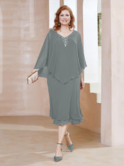 Robe Fourreau en Mousseline à Col en V Longueur de Mollet Gris Acier