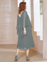 Robe Fourreau en Mousseline à Col en v Longueur de Mollet Gris Acier Grande Taille