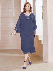 Robe Fourreau en Mousseline à Col en V Longueur de Mollet Orageux