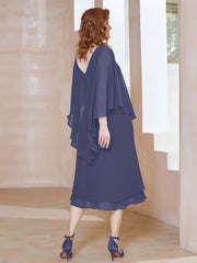 Robe Fourreau en Mousseline à Col en V Longueur de Mollet Orageux