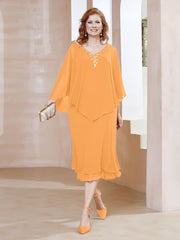 Robe Fourreau en Mousseline à Col en V Longueur de Mollet Mandarine