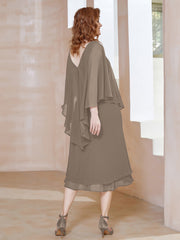 Robe Fourreau en Mousseline à Col en v Longueur de Mollet Taupe Grande Taille