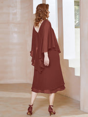 Robe Fourreau en Mousseline à Col en V Longueur de Mollet Terracotta