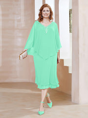 Robe Fourreau en Mousseline à Col en v Longueur de Mollet Turquoise Grande Taille