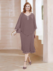 Robe Fourreau en Mousseline à Col en V Longueur de Mollet Vintage Mauve