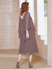 Robe Fourreau en Mousseline à Col en V Longueur de Mollet Vintage Mauve